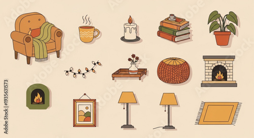 Cozy Home Decor Elements Collection For Autumn Season.