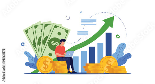 Successful financial investor sitting on money coins while analyzing market growth with a laptop and a rising green arrow.