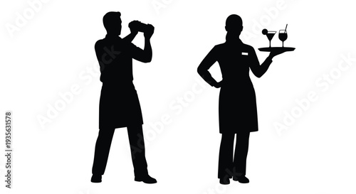 Bartender mixing drinks and waiter serving a striking silhouette