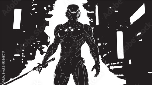 Silhouetted armored superhero stands in a neon-lit alley at night with a blade.
