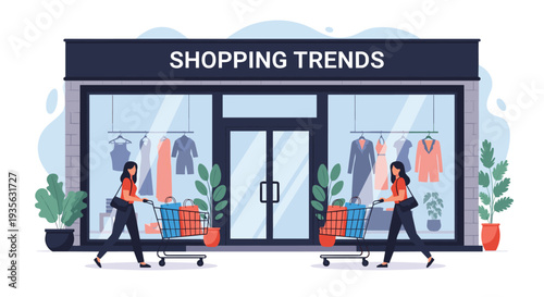 Two fashionable women pushing full shopping carts in front of a clothing store window featuring latest shopping trends.