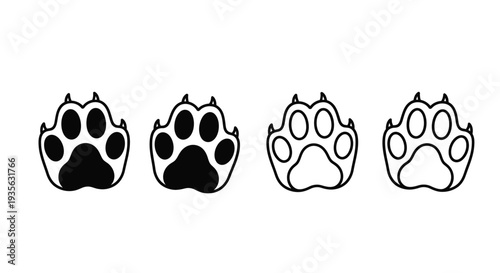Four distinct animal paw prints presented in black and white silhouette