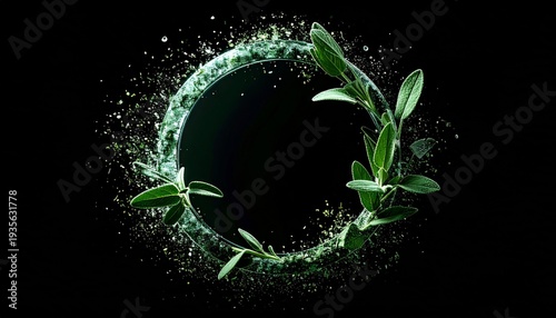Green Leaves Circle Ornament with Water Splash on Black Background