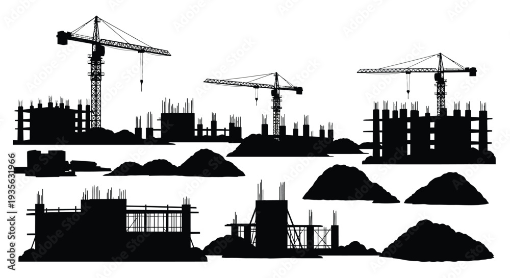Fototapeta premium Construction site with cranes and unfinished structures a dark silhouette
