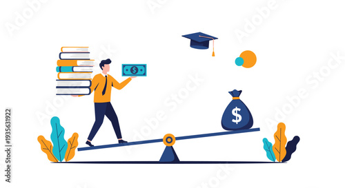 Student balancing a stack of books and a dollar bill on a see-saw against a large bag of money for education cost.