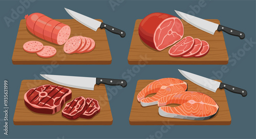 Various cuts of meat including sausage, ham, steak, and salmon on wooden cutting boards with sharp knives nearby.