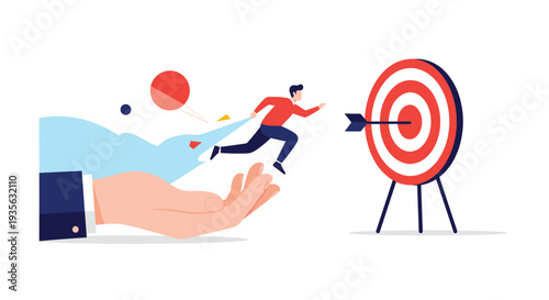 Man jumping from a giant hand towards a bullseye target with abstract geometric shapes in the background scene.