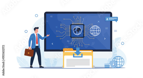 Professional man standing next to a computer screen displaying a global processor and a download folder icon.