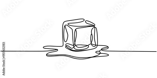 One continuous line illustration of stacked ice cubes, isolated on white background, Continuous line drawing of three ice cubes melting on a surface. Vector illustration, One continuous line.