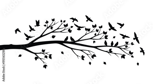 A branch with birds in flight a striking black silhouette