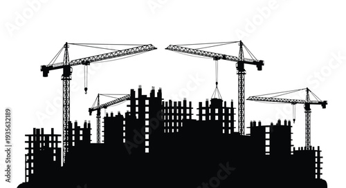 Construction site with multiple cranes and building structure silhouette
