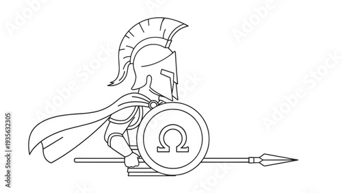 Ancient Sparta Warrior Helmet with Spear and Shield Illustration.