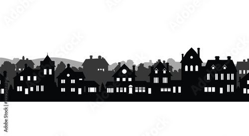 A dark cityscape with varied building heights presented as a silhouette