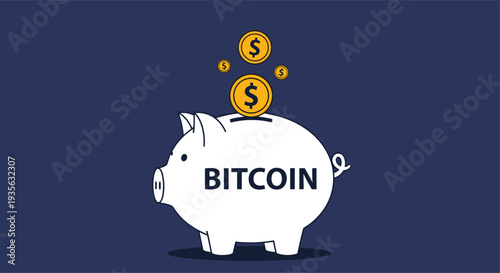 White piggy bank labeled bitcoin with several gold dollar coins being dropped into its slot on blue background.