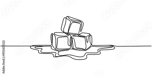 One continuous line illustration of stacked ice cubes, isolated on white background, Continuous line drawing of three ice cubes melting on a surface. Vector illustration, One continuous line.