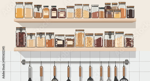 Kitchen shelves organized with various glass jars filled with spices and ingredients above hanging utensils.