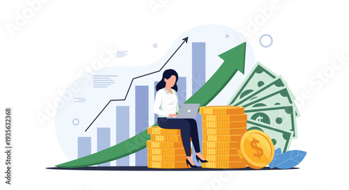 Businesswoman sitting on a stack of coins while working on her laptop with a rising green arrow and cash fans.
