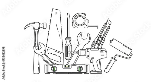 Collection of various hand and power tools for construction and repair.