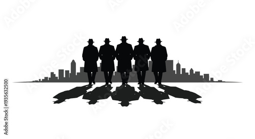 Five men in hats stand before a city skyline silhouette