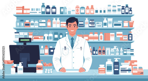 Professional male pharmacist stands behind a pharmacy counter filled with various medicine bottles and prescriptions.