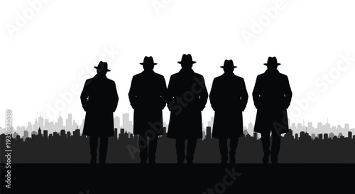 Five men in hats and coats stand before a city skyline silhouette