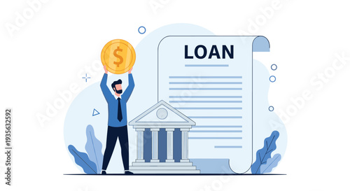 Successful businessman holds a large golden coin in front of a bank building and an official loan application form.