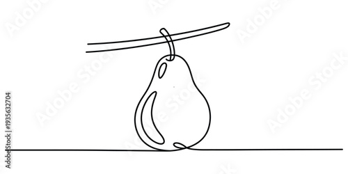 Continuous line drawing of a single pear hanging from a thin tree branch in a minimalist style