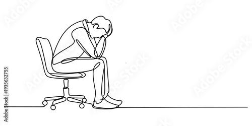Minimalist continuous line art of a man sitting on a chair feeling stressed and exhausted.