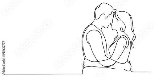 Continuous one line drawing of a young couple embracing and about to kiss in a romantic moment