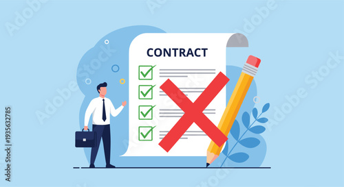 Male professional stands next to a large contract document that has been rejected with a bold red cross mark.