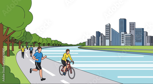 City park scene with people cycling and jogging by river, urban skyline background.