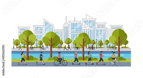 Vibrant Cityscape with People Exercising by Waterway