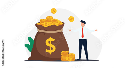 Successful businessman celebrates his wealth while standing next to a massive bag of money and gold coins.