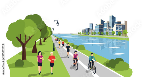 City park path with people jogging, cycling, and running by river and skyline
