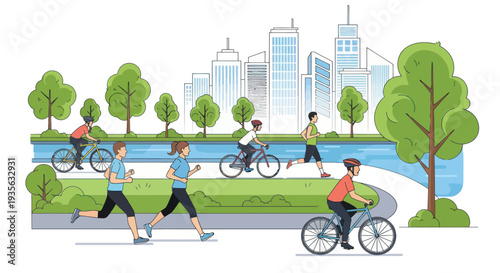 City park outdoor recreation: cycling, running, rollerblading with urban skyline background