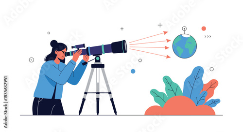 Young woman looks through a professional telescope at a floating planet earth to study global geography and science.