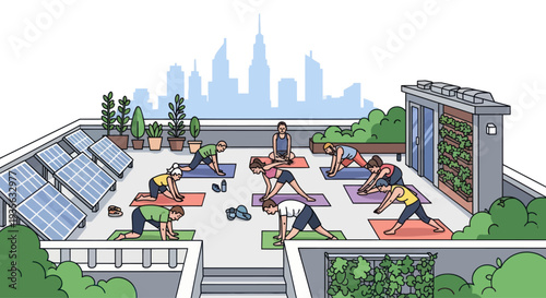 Rooftop Yoga Class with Solar Panels and Cityscape Background - Healthy Lifestyle