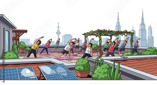 Urban Rooftop Yoga Class with Cityscape Background and Solar Panels