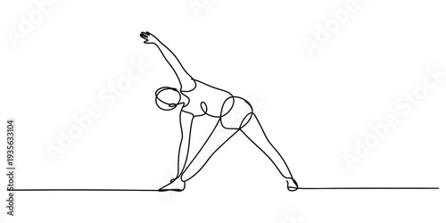 Continuous line drawing of a woman performing the triangle yoga pose on a white background.