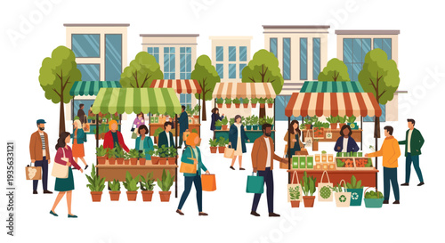 Diverse People Shopping at Outdoor Farmers Market with Plants and Goods