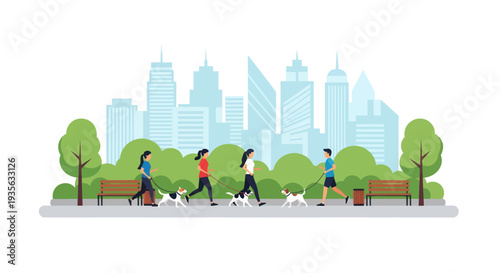 People walking dogs in park with city skyline background, flat illustration