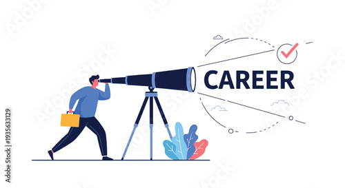 Businessman uses a large telescope to focus on a checkmark representing career goals and professional success.
