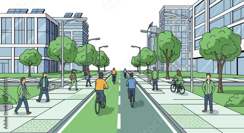 Modern city street with cyclists, pedestrians, and eco-friendly buildings with solar panels.