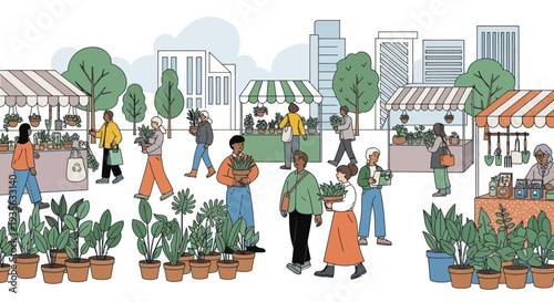 Diverse people shopping at outdoor farmers market with plants and stalls