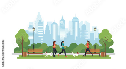 People walking dogs in city park with skyline background, illustration