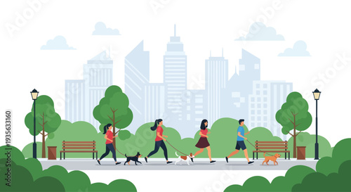 People walking dogs in park with city skyline background, flat design illustration