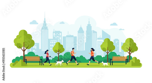 People jogging and walking dogs in a city park with skyline background