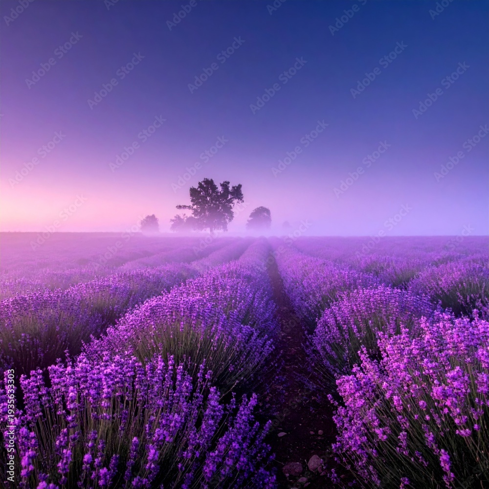 Obraz premium Lavender Field Under Foggy Sky at Dusk With Silhouetted Trees