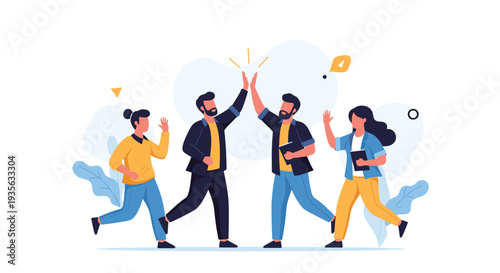 Group of diverse young creative professionals celebrating their project success with enthusiastic high fives.