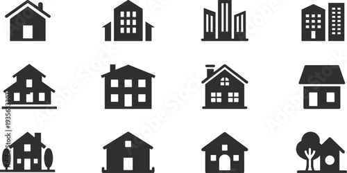 House and building icon set featuring residential homes apartments city architecture real estate symbols flat vector illustration isolated